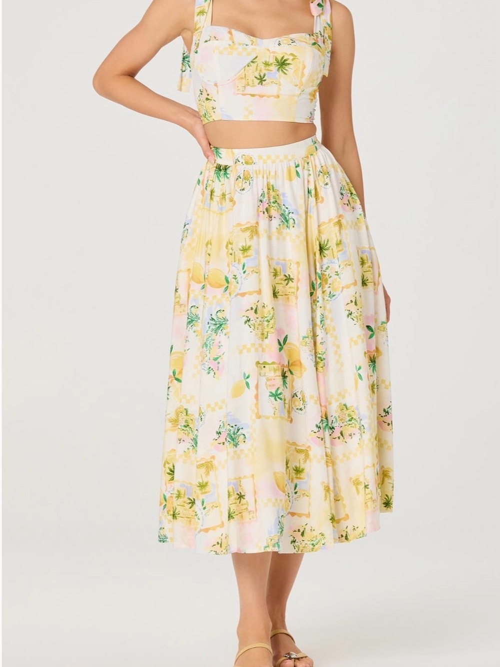 Astr White and Yellow Lemon-Print Midi Skirt Set Skirt